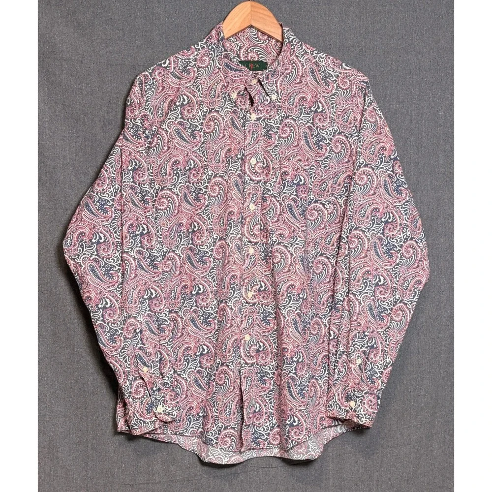 Vintage J. Crew Oarsman Mens Large Paisley Button Down Shirt Red White Blue